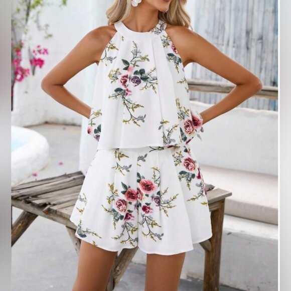 White Floral Print Tie Back Halter Blouse& Shorts